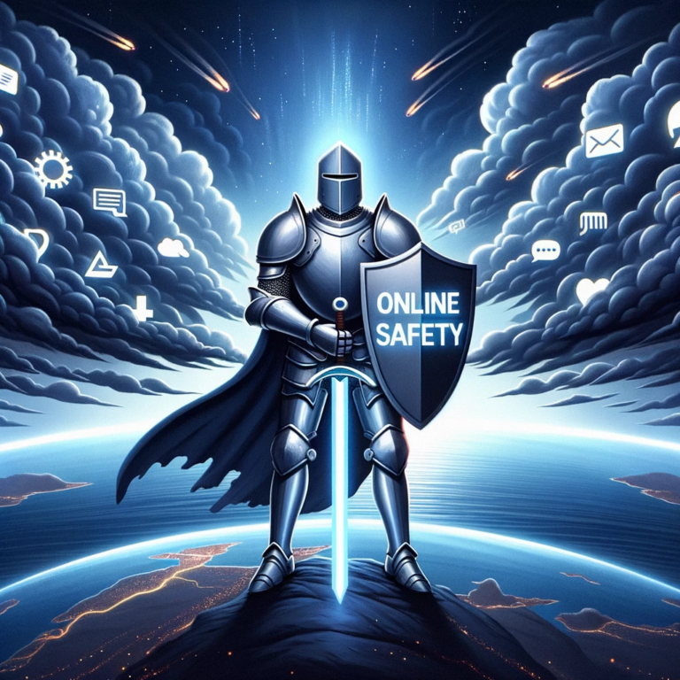 DALL·E 2023-10-08 15.49.06 - Illustration of a knight in shining armor standing on a digital landscape. He holds a glowing sword labeled 'Online Safety