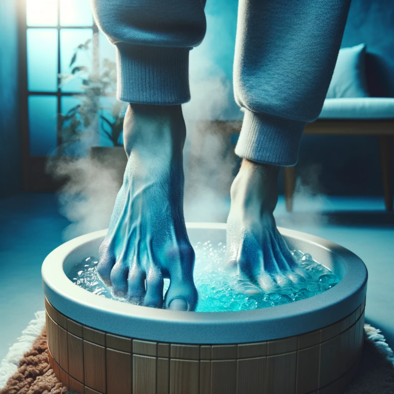 DALL·E 2023-11-12 13.46.14 - An image depicting a person's feet with a blueish skin tone, indicating they are cold, stepping into a steaming hot foot spa